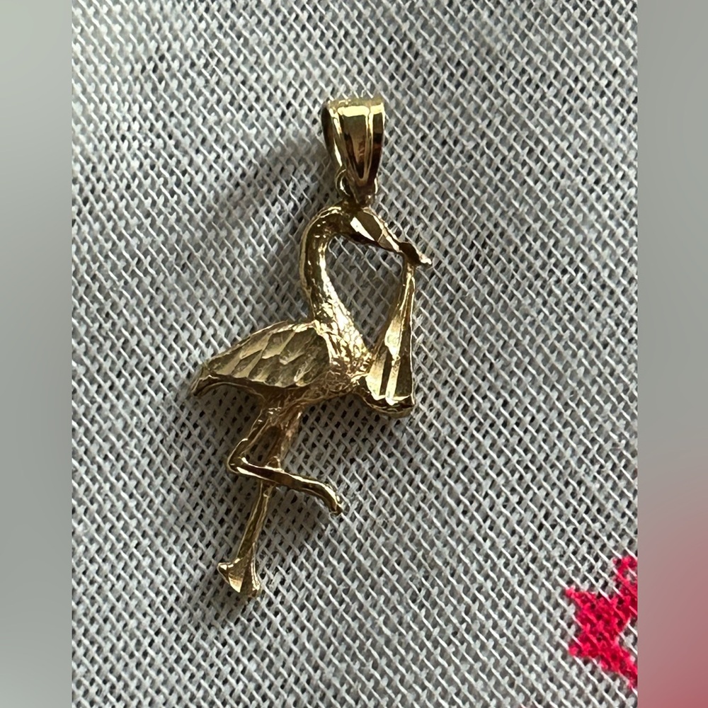 14K Gold Stork w/ Baby Delivery Necklace Pendant Intricate Detailed Signed AJM
